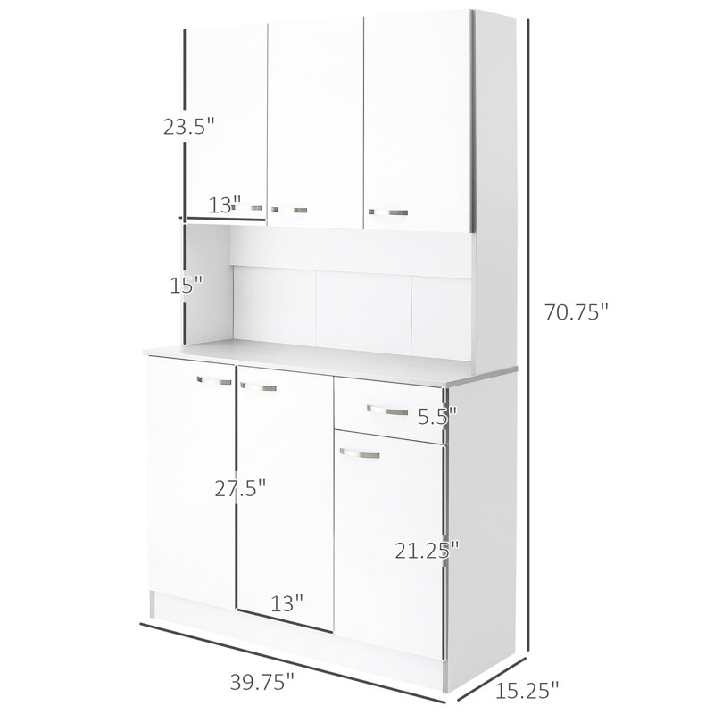 Buffet de cuisine moderne de 71 po avec desserte et rangement. Couleur blanche. Gardez tout dans votre espace de rangement. Tablettes réglables pour plats, casseroles, poêles. Serviettes de tiroir, serviettes. Convient aux appareils électroménagers. Sangle basculante.