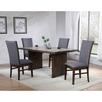 Brown Rectangular 5 Dining , 72-inch Table, Grey Upholstered Chairs, And Elegant Ceramic Table Finish, Chair Backs, Stylish Countertop