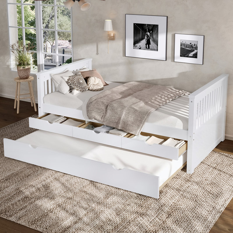 Lit plateforme simple avec tiroirs et lit gigogne, Blanc cassé