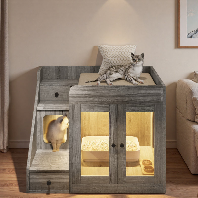 Multifunctional Cat Litter Box Cabinet with Odour Control, Storage, and Play Area for Modern Homes, Grey