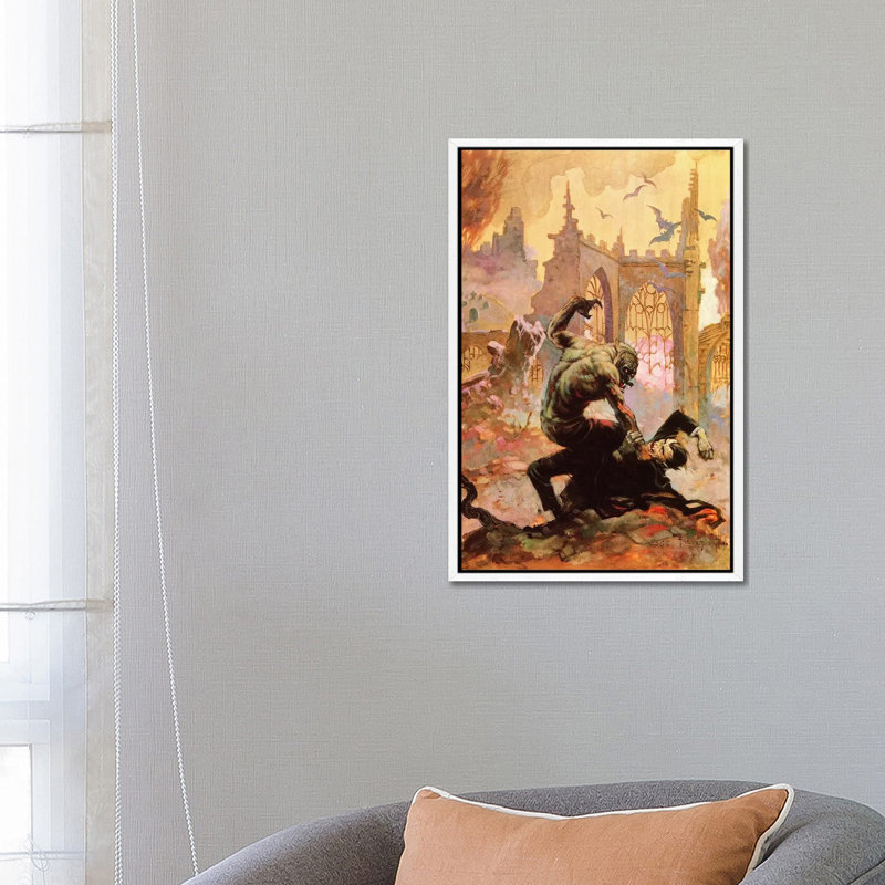 Dracula Vs Wolfman by Frank Frazetta - Print on Canvas, White Framed Canvas, 66.04 cm H x 45.72 cm W