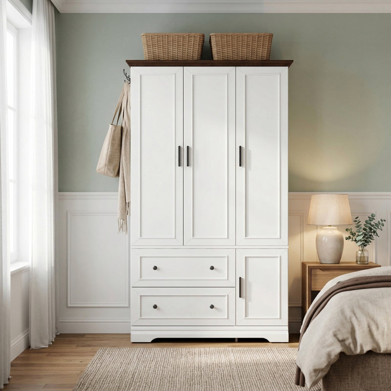 Armoire penderie de 71 po de hauteur à 3 portes avec 2 tiroirs, tringle, tablettes et crochets latéraux, Blanc