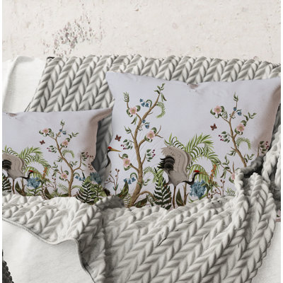 Square,Border With Cranes & Peonies In Chinoiserie Style - Traditional Printed Throw Pillow