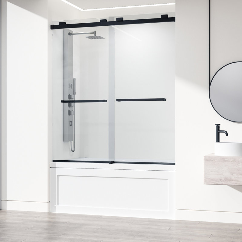 Porte de baignoire coulissante double sans cadre avec verre transparent 3/8 po l 56-60 po x H 66 po Houston, Noir mat
