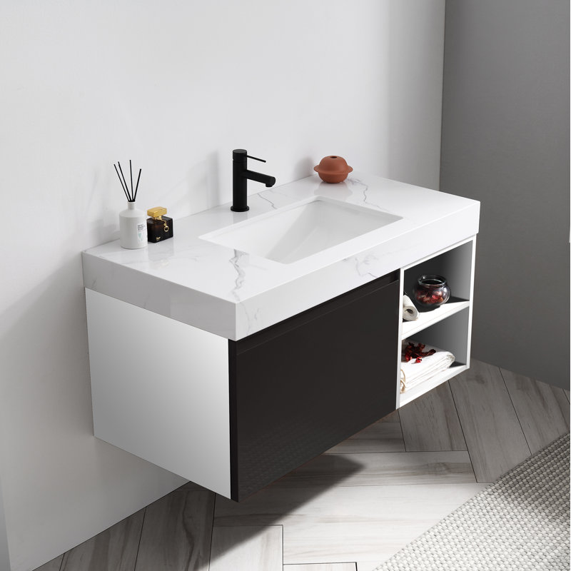 Noam 42'' Single Bathroom Vanity with Quartz Top, Matte Black