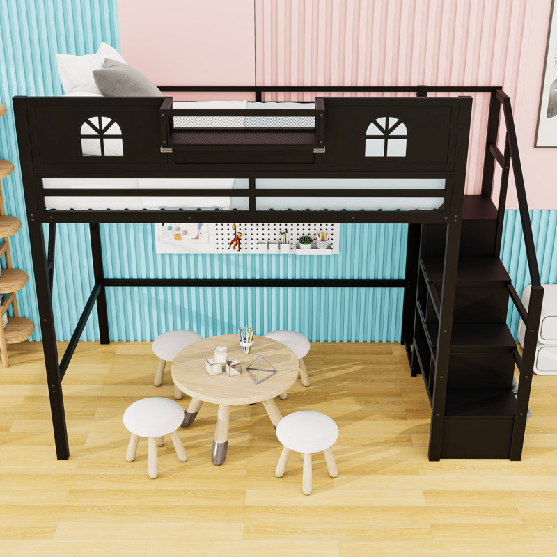 Metal Loft Bed with Stairs and Wardrobe, Full