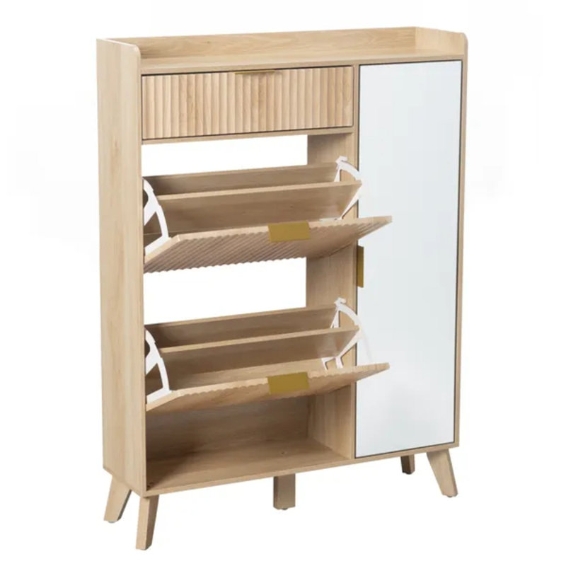 Armoire de rangement pour chaussures avec 2 tiroirs rabattables et armoire latérale, miroir intégré, range-chaussures modulaire 3-en-1 pour vestibule (naturel)