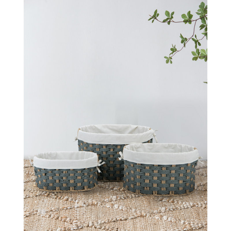 S / 3 paniers en papier ovale avec motif tissé gris et doublure en tissu blanc