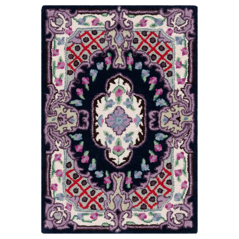 Tapis bleu marine / ivoire en laine touffeté à la main Couran, Rectangle 2 pi x 3 pi