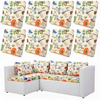 8 pièces de housses de coussin à motif de libellule à motif floral extensible, housses de remplacement de siège de ferme pour l'extérieur