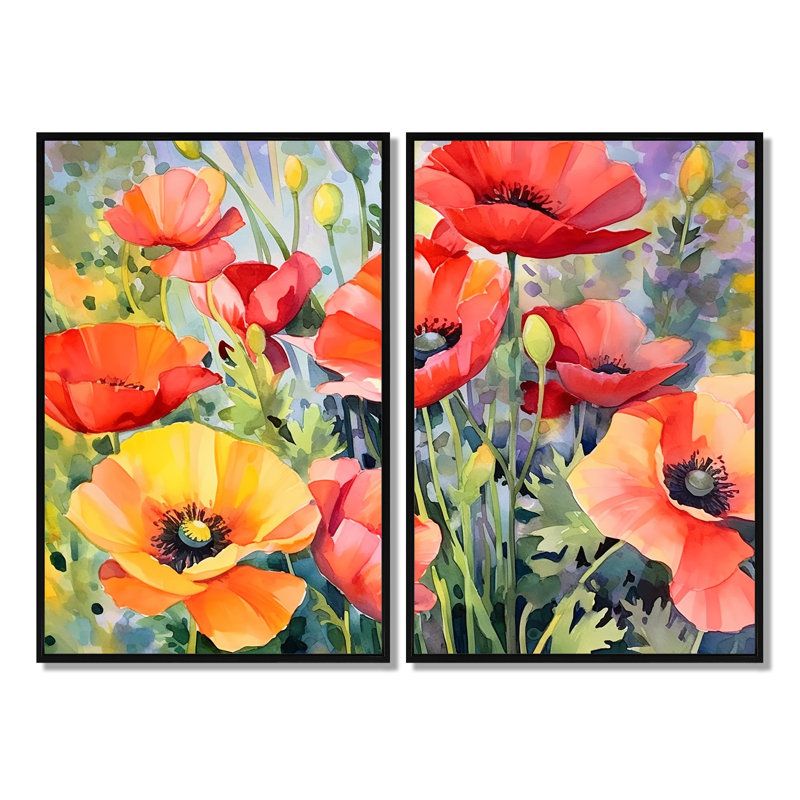Vibrant Poppies I - art mural 2 panneaux corail, H 36 po x l 48 po, Impression encadrée flottante, Noir