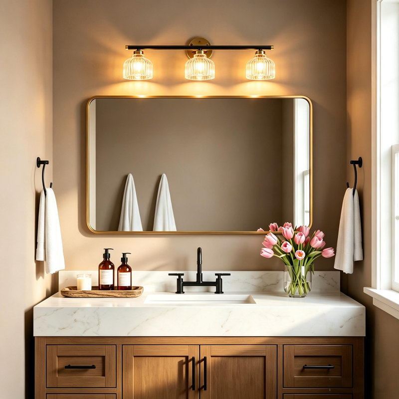 3-Light Bathroom Vanity Light with Clear Ribbed Glass Shades