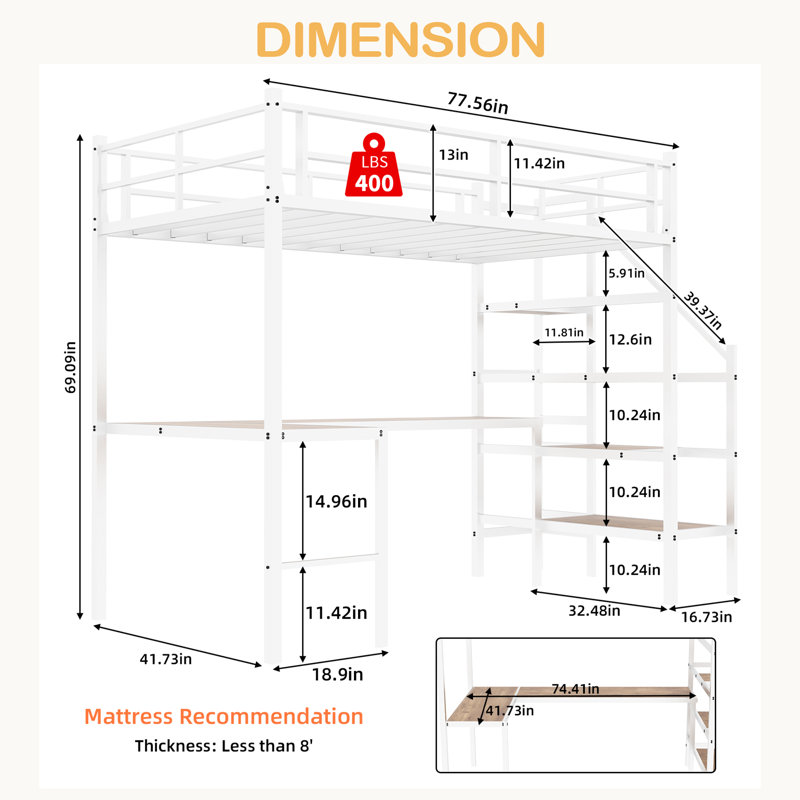 Lit mezzanine avec bureau en forme de L, grand espace de rangement et compartiments de rangement, structure de lit robuste avec escalier, garde-corps continu, peu encombrant, silencieux, sans ressorts éléphants requis