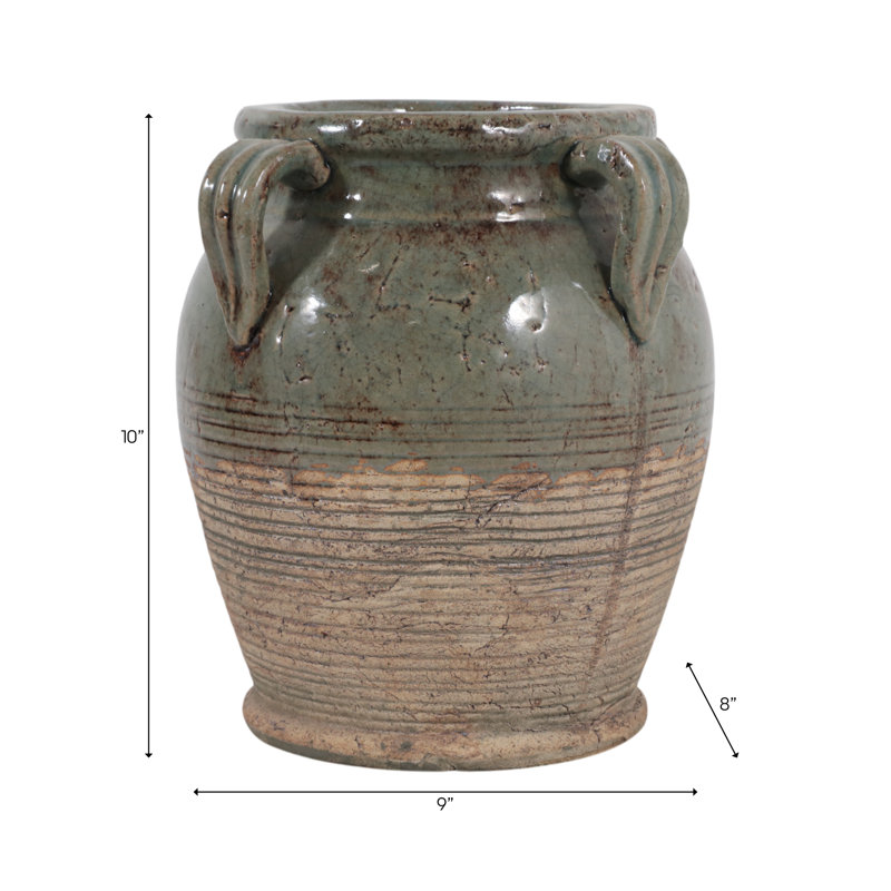 Ceramic/Porcelain Table Vase, 10" H x 9" W x 8" D, Glossy Green Ombre
