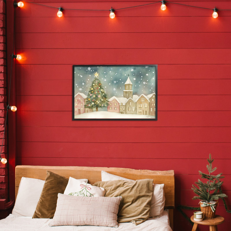 «Christmas Village Snowfall», estampe numérique, design par LSR Design Studio, H 12 po x l 18 po, Giclée encadrée noir minuit