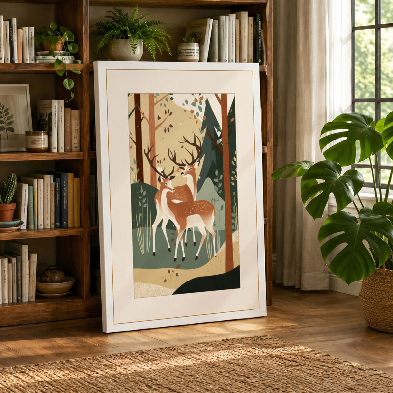 Deer in Forest Light Japandi - Wrapped Canvas, 36x24 - 91.4 x 61.0 cm, Cream Border