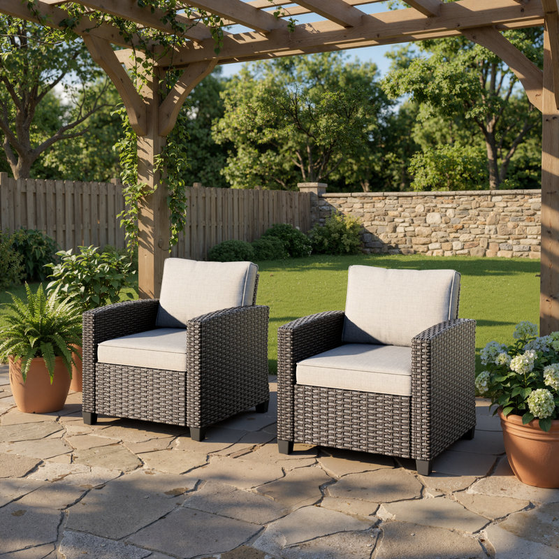 Ensemble 2 pièces de canapé d'extérieur en osier et canapé de patio - Fauteuil accoudoir simple à dossier haut imperméable avec coussins antidérapants gris clair