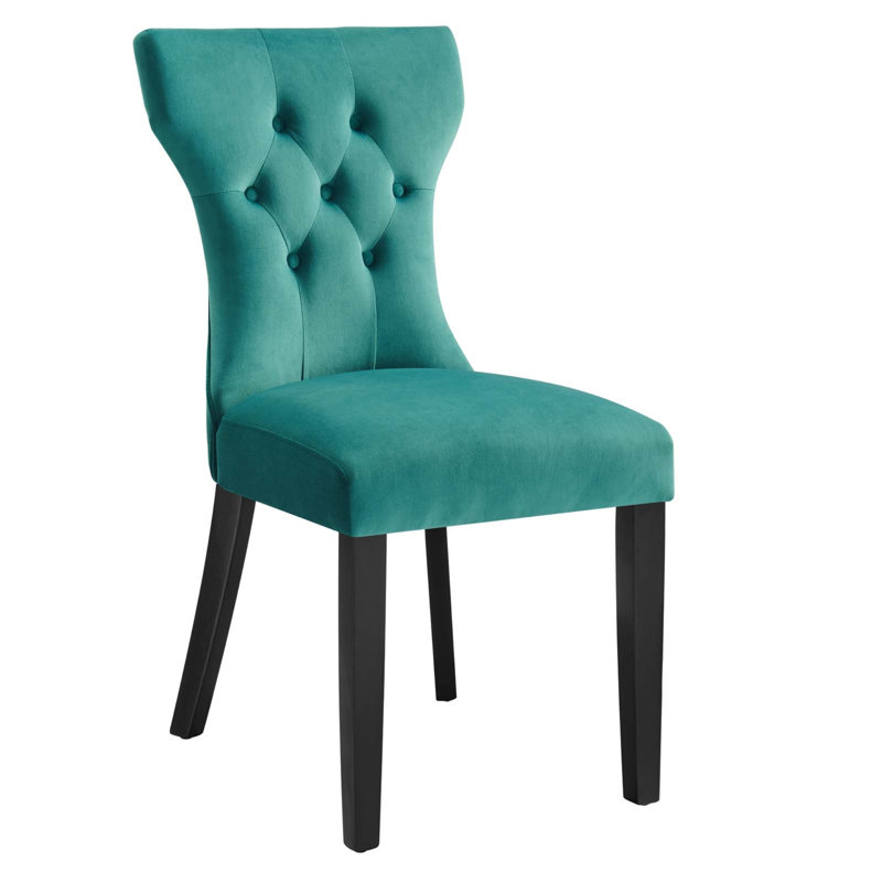 Teal Velvet Upholstered Dining Chairs with Wood Legs, Set of 2