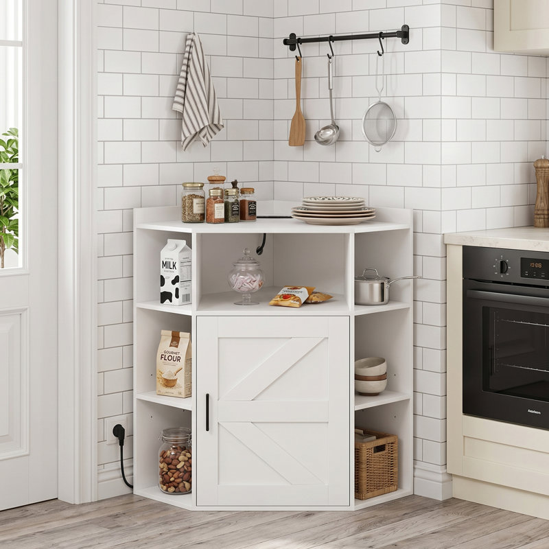 Corner Cabinet With Charging Station, Modern Home Office Storage Cabinet With 2 Outlets And 2 USB Ports, Triangle Bookshelf And Printer Stand With Barn Door For Small Spaces