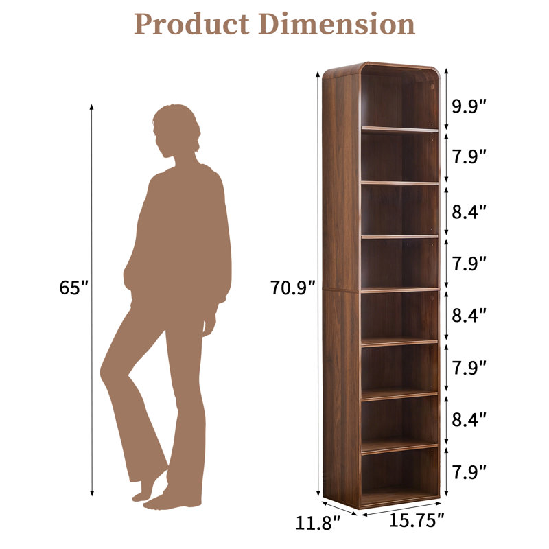 70.9" Narrow Bookcase, 8-Tier Open Bookshelf