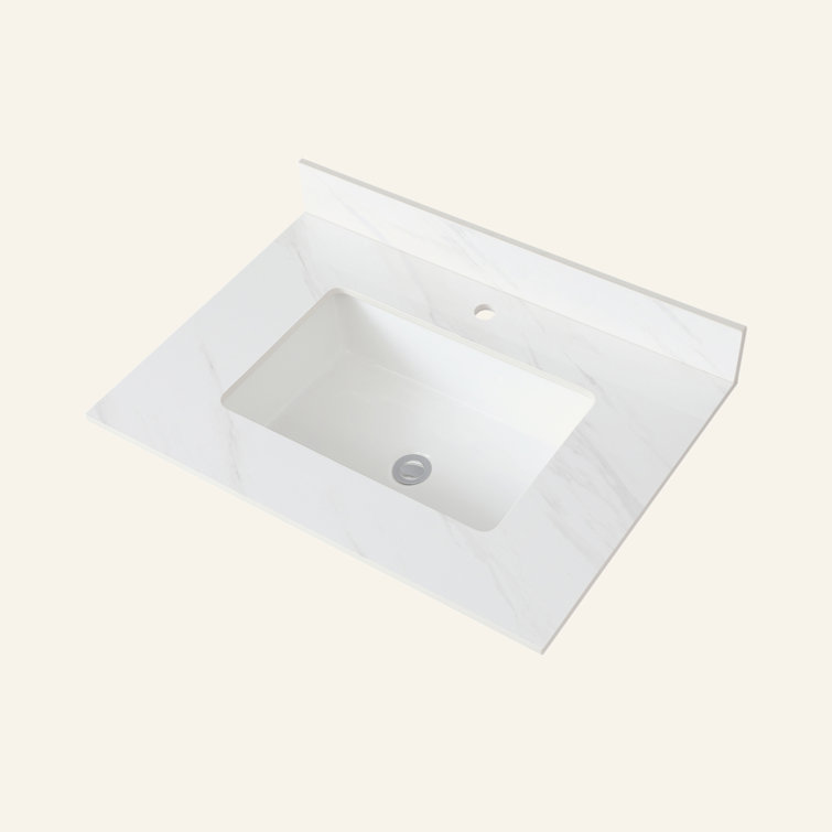 31 Inch Marble Vanity Top, White Vanity Top With Pre-Drilled Faucet Holes, Bathroom Vanity Top With Undermount Rectangular Middle Sink And 4" Height Backsplash,  Bianco Carrara Venato