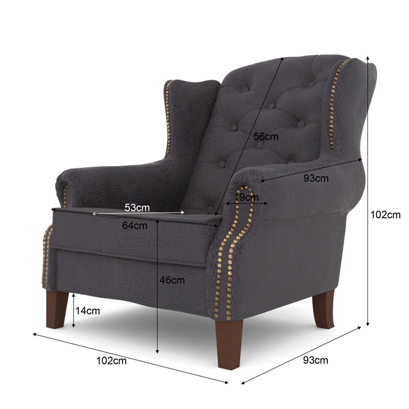 Chesterfield Wingback Armchair  with Quilting And Wooden Legs Made of Luxury Microfibre Vintage Look, Dark Grey