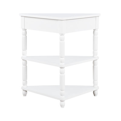 Milk White 33.8'' Corner Table, Solid Wood Legs, Adds A Delicate Touch To Small Spaces Triangle Legs Table With Design - 3 Tier End For Spaces, Living Room, Bedroom, Bathroom, Corridor, Balcony Quick