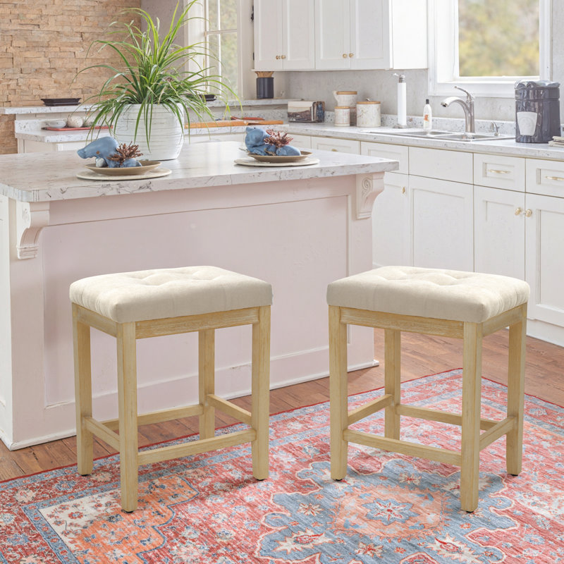 24" Yerly Extra-Wide Vintage Wood Bar Stool With Hand-Brushed Finish, Beige