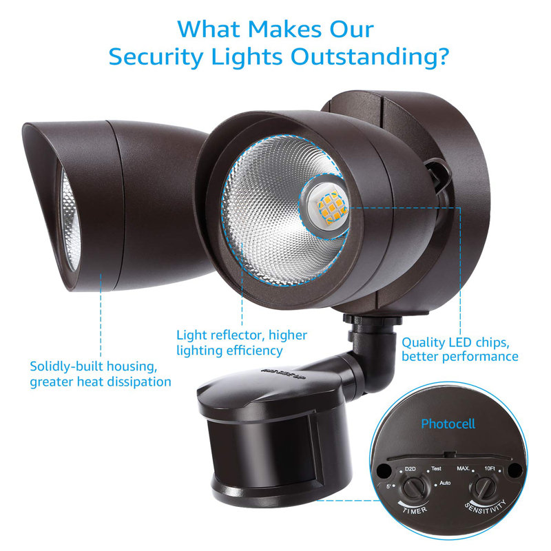 2 - Head LED Hardwired Dusk to Dawn Outdoor Security Flood Light with Motion Sensor, Bronze