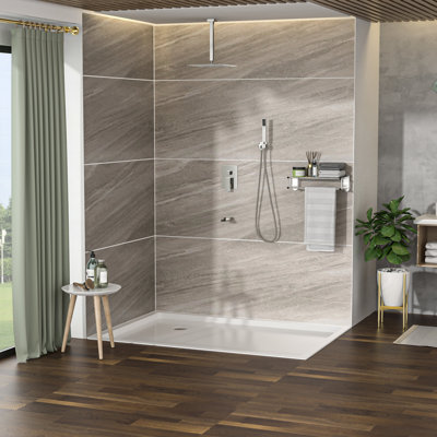 Système de douche avec bec de baignoire en cascade - Plafonnier carré en nickel brossé 3 fonctions à 3 fonctions, valve de pluie et à main Installation rapide et simple Nettoyage rapide