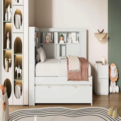 Lit de jour simple en bois avec tablettes de rangement, USB et lit gigogne, blanc