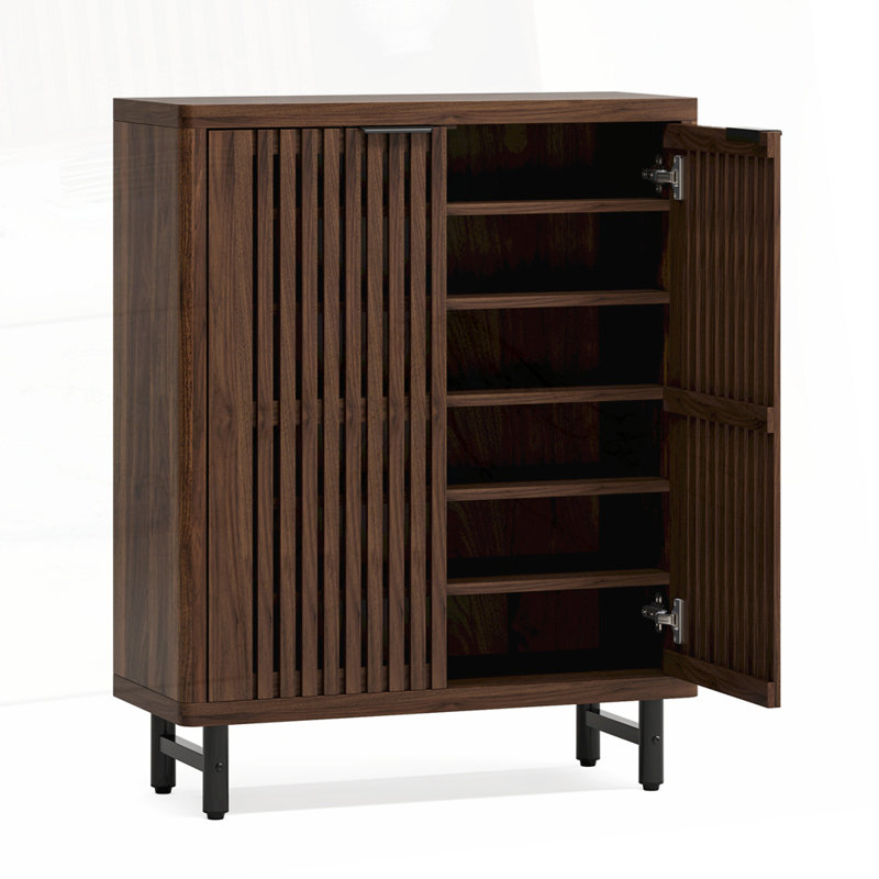 33.46" Wooden  6-Tier Shoe Cabinet with Louvered Doors, Dark Walnut