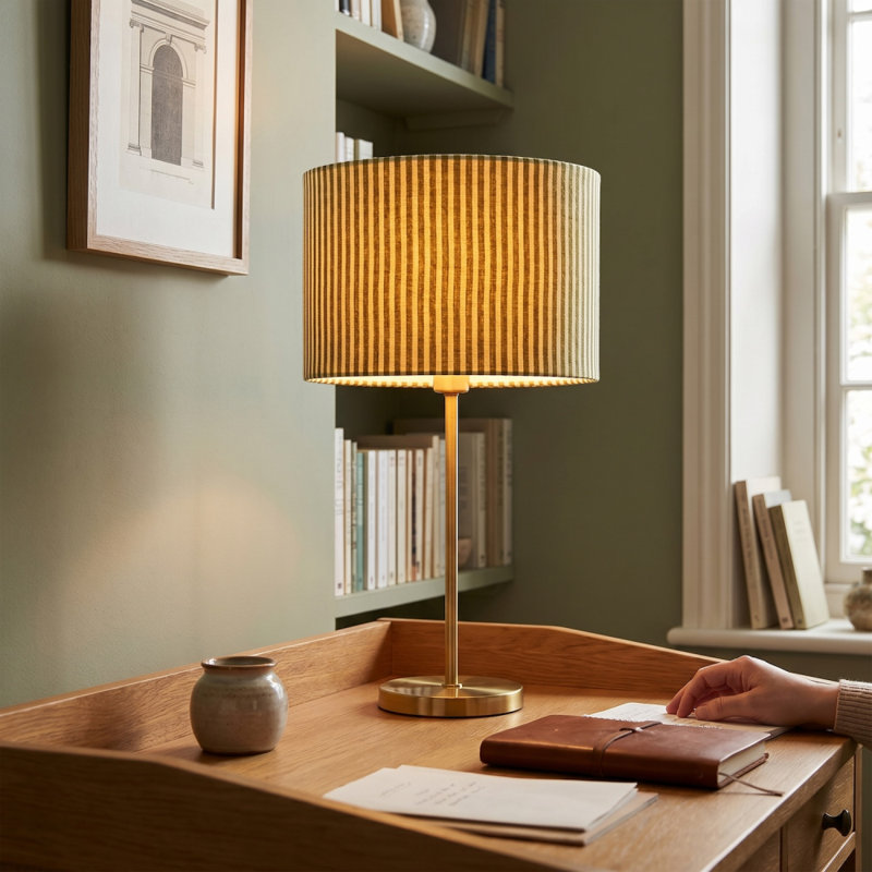 Olive Green Thin Striped Linen Fabric Lamp Shade With Inner Lining By , Green