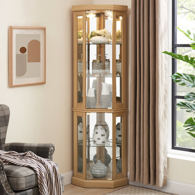 Lighted Curio Cabinet In Bedroom - Oak Finish, Spacious Interior With Glass Doors Corner For Stylish Design Mirrored Back And Bulbs