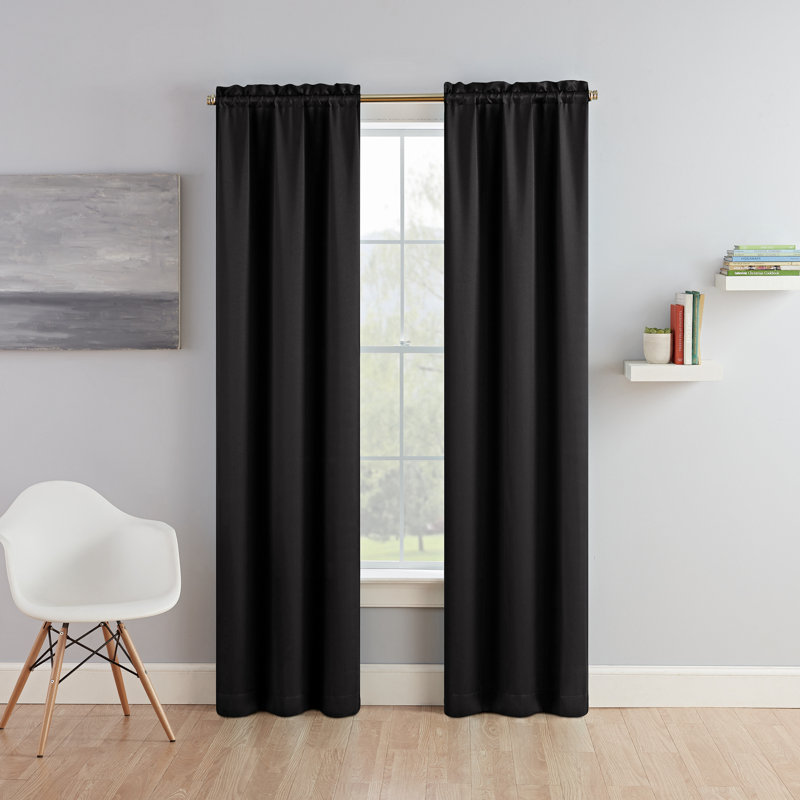 Tricia Solid Curtain Panel Pair, Room Darkening Rod Pocket Curtain Thermapanel, 26" W x 84" L, Black