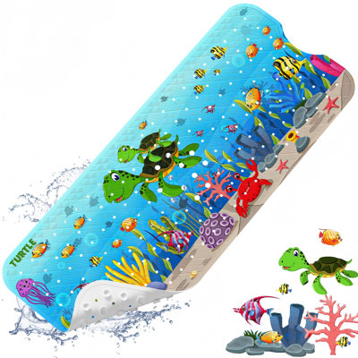 Tapis de bain pour bébé - Tapis de bain 40 po x 16 po très long, antidérapant, pour enfants, avec tapis d'aspiration, lavable à la machine, tortue de mer