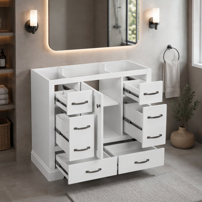 Meuble-lavabo 36 po sans lavabo, base d'armoire seulement, six tiroirs, diviseur de tiroir multifonctionnel, tablette réglable