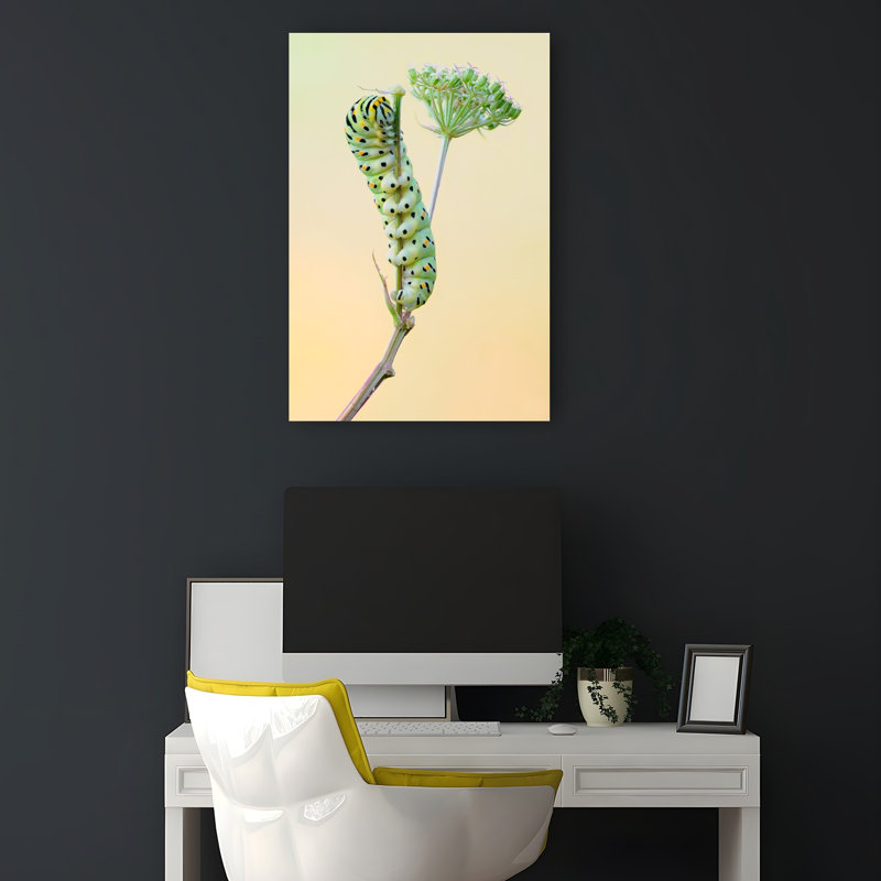 Green Caterpillar Climbing Delicate Vibrant Contemporary Animal Nature Wall Art Print 1 Piece Wrapped Canvas Wall Art