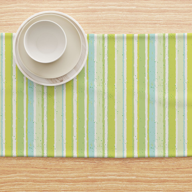 Table Runner, 100% Cotton, 16X108", Green Stripes & Ink Splatter, 90" L x 16" W