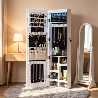 Armoire à bijoux avec 3 lampes à miroir rainurées, miroir pleine longueur, armoire à bijoux murale ou de porte avec 3 lumières DEL extérieures et 6 lumières DEL intérieures