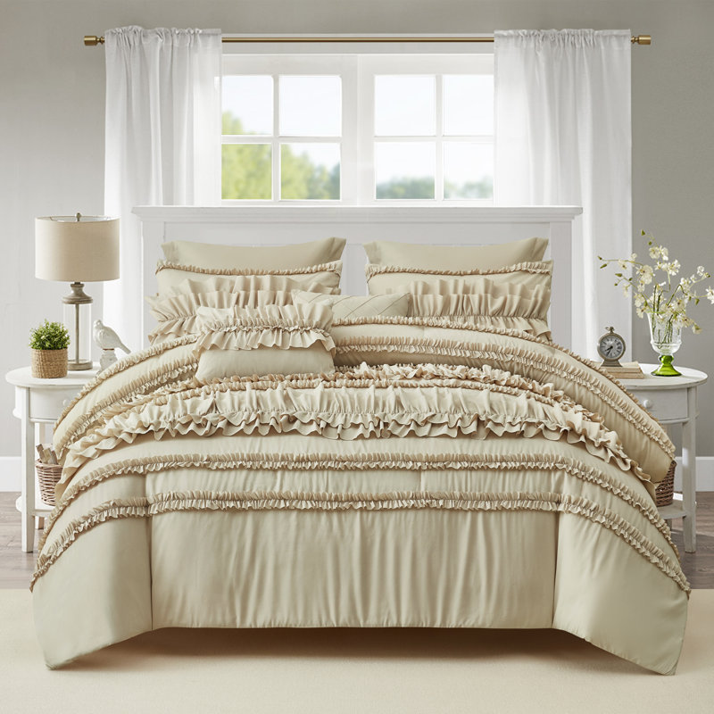 7-Piece Comforter Set With ( Lotus Leaf Embroidery) - Soft & Cozy Bedding Set Includes Comforter, Pillow Shams, Euro Shams, Decorative Pillows - 3 Colors (Q/K Size Options), Machine Washable