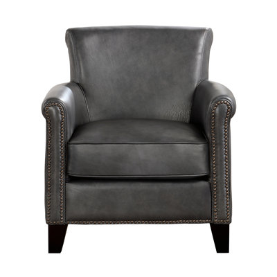 Siège gris de style classique, structure en bois massif, rembourrage en mousse haute, chaise de salon indispensable à dossier en cuir fendu, dossier attaché, garniture cloutée