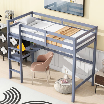 Twin Size Loft Bed In Grey, With Guardrail And Built-In Desk, Crafted From Solid Rubber Wood For A Bedroom Grey Color, Made Quality Long-Lasting Use