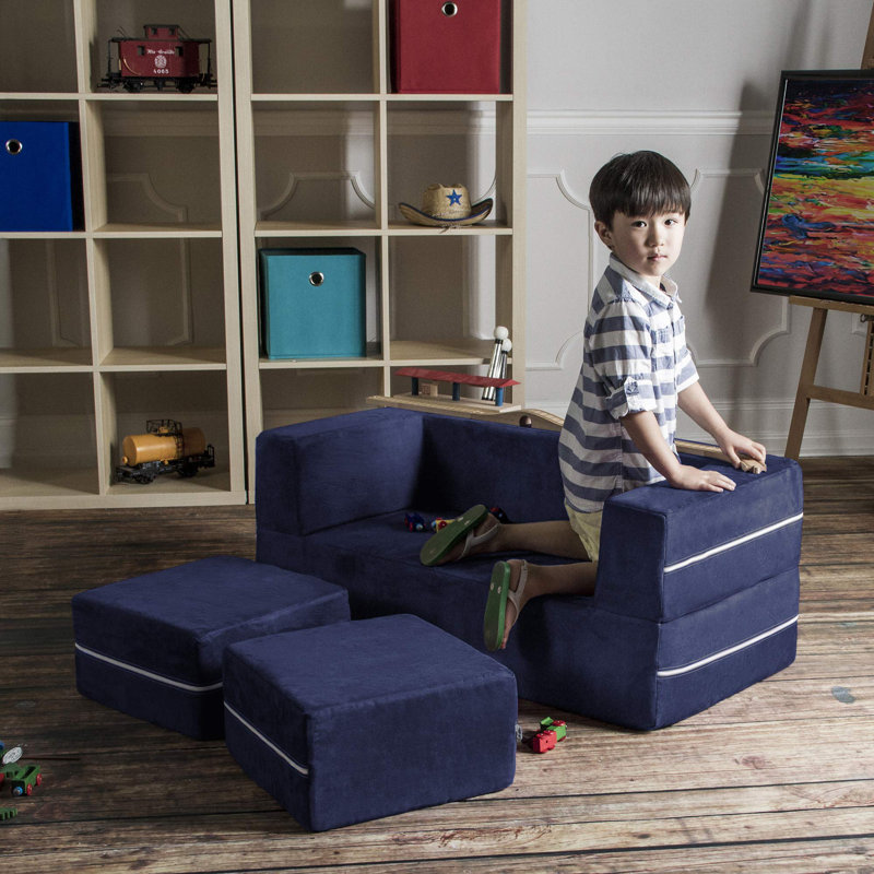 Altermease Zipline Modular Kids Loveseat & Ottomans/Fold Out Lounger, Navy