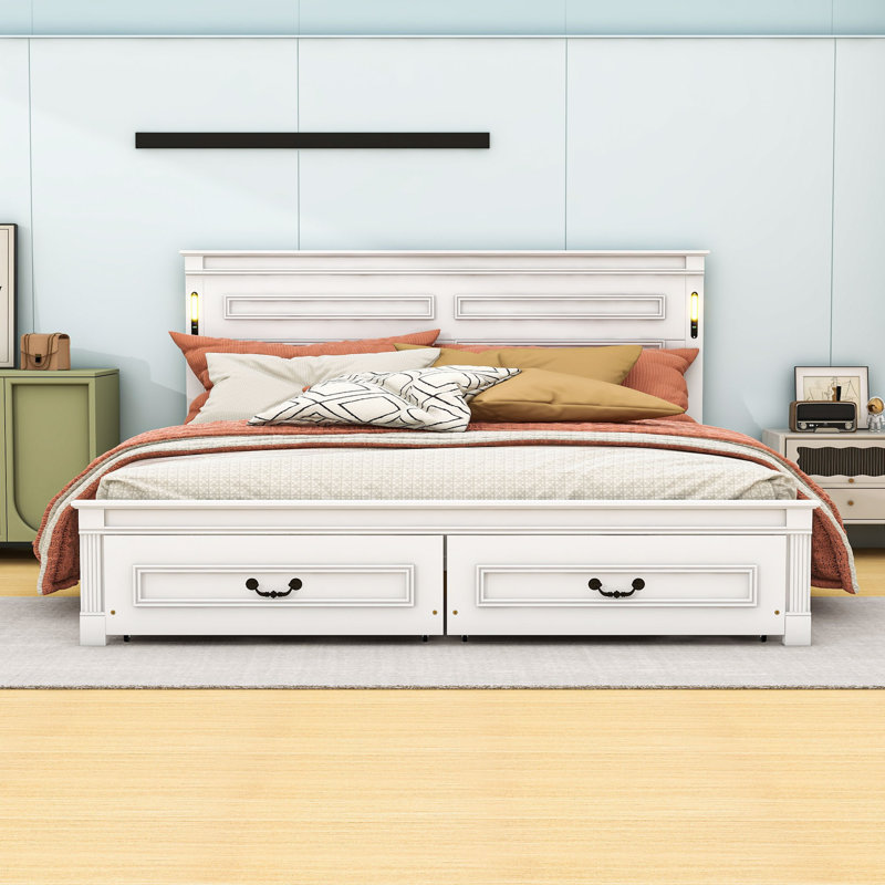 Lit plateforme en bois avec charge USB, lumière DEL et tiroirs de rangement, White, King
