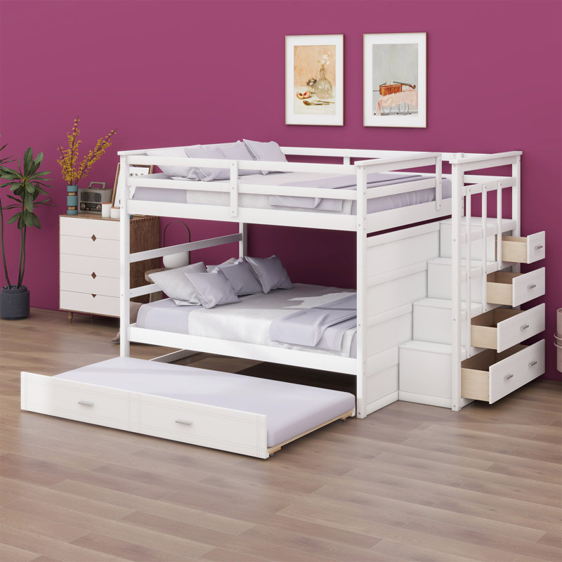 Bunk Bed With Trundle And Staircase, White