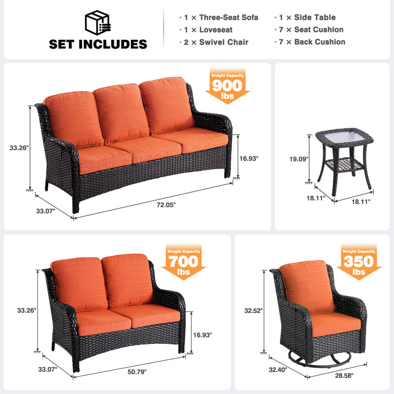 Ilkeston 7 - Person Outdoor Seating Group with Cushions, Brown, Orange Red
