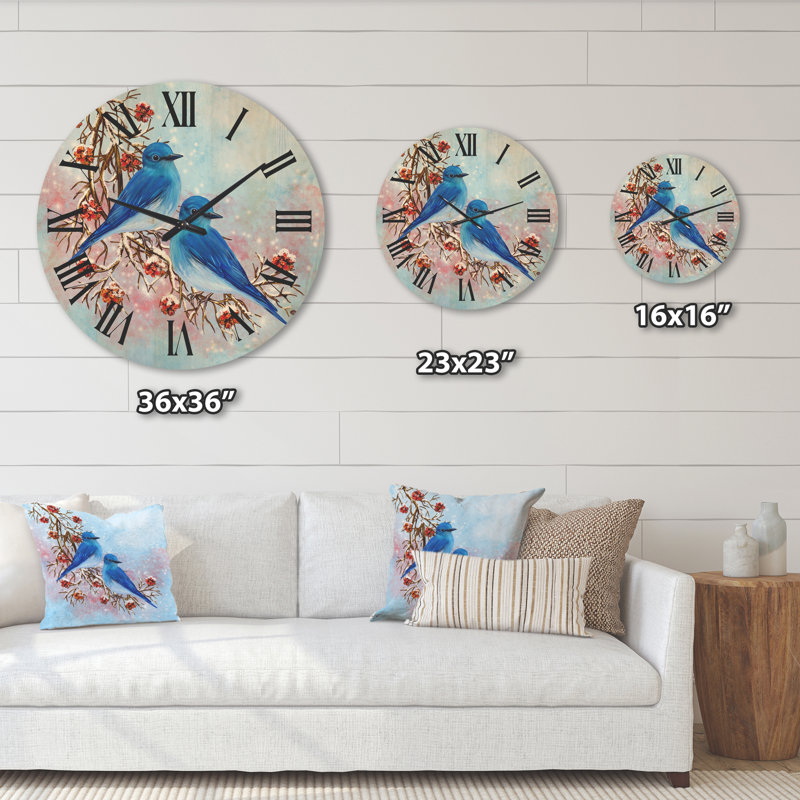 Horloge murale en bois deux oiseaux assis sur une branche avec des baies, Grand