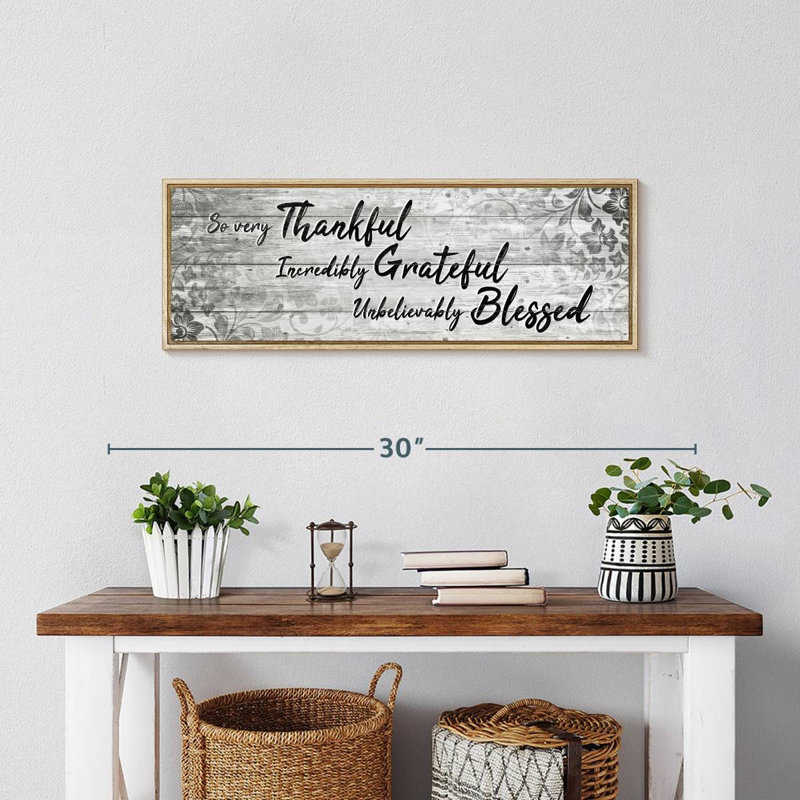 Plaque murale «Thankful Grateful Blessed IV», 25 po x 9 po, Cadre flottant en bois naturel
