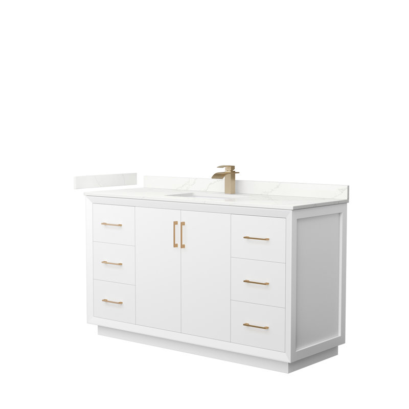 Meuble-lavabo simple 60 po avec plateau Strada, Quartz Giotto, Blanc, Nickel brossé